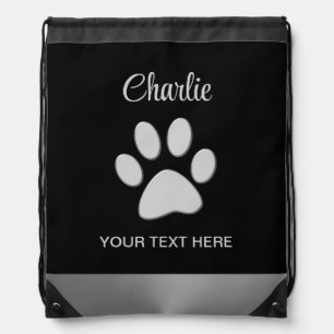  Silver Dog Paw on black background Drawstring Bag