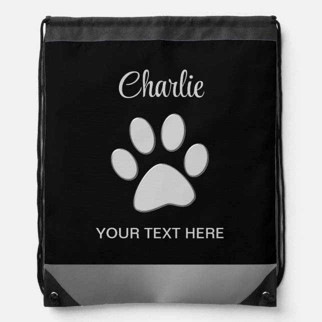  Silver Dog Paw on black background Drawstring Bag (Front)