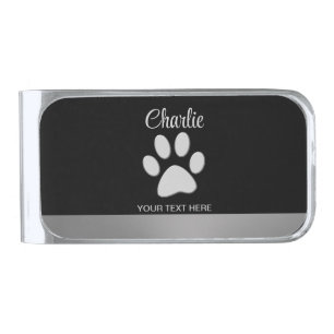 Silver Dog Paw on black background Finish Money Clip