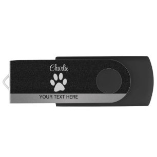 Silver Dog Paw on black background Flash Drive