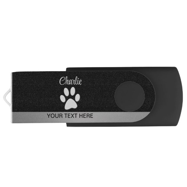  Silver Dog Paw on black background Flash Drive (Back)