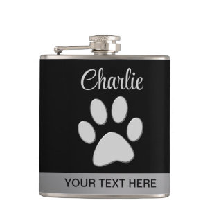 Silver Dog Paw on black background Flask