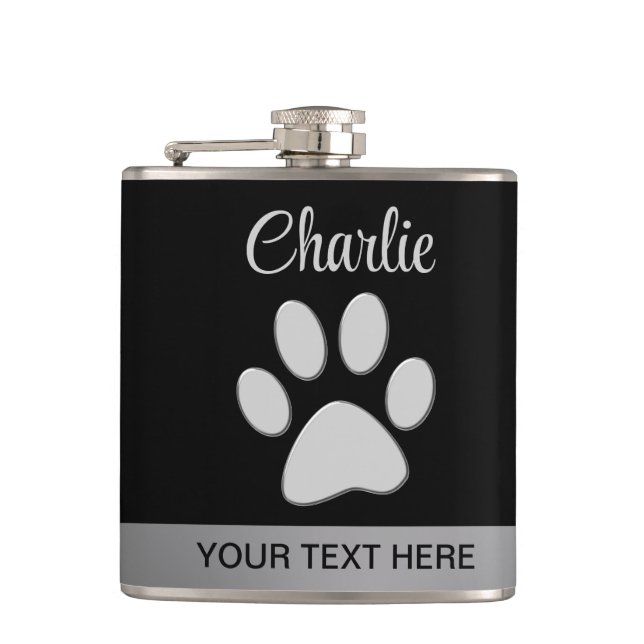  Silver Dog Paw on black background Flask (Front)