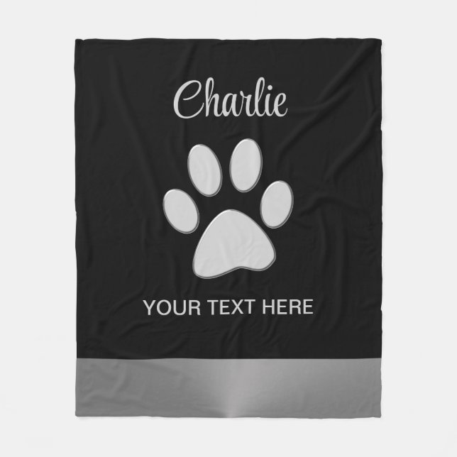 Silver Dog Paw on black background Fleece Blanket (Front)