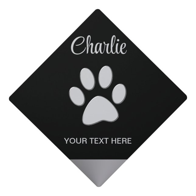  Silver Dog Paw on black background Graduation Cap Topper (Front)