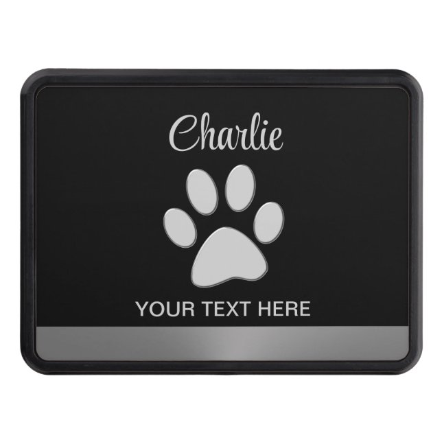  Silver Dog Paw on black background Hitch Cover (Front)