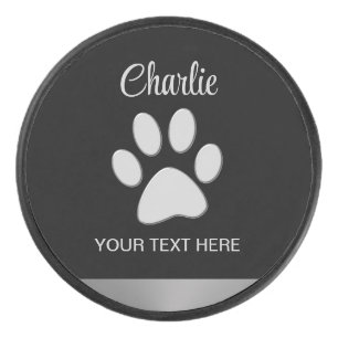  Silver Dog Paw on black background Hockey Puck