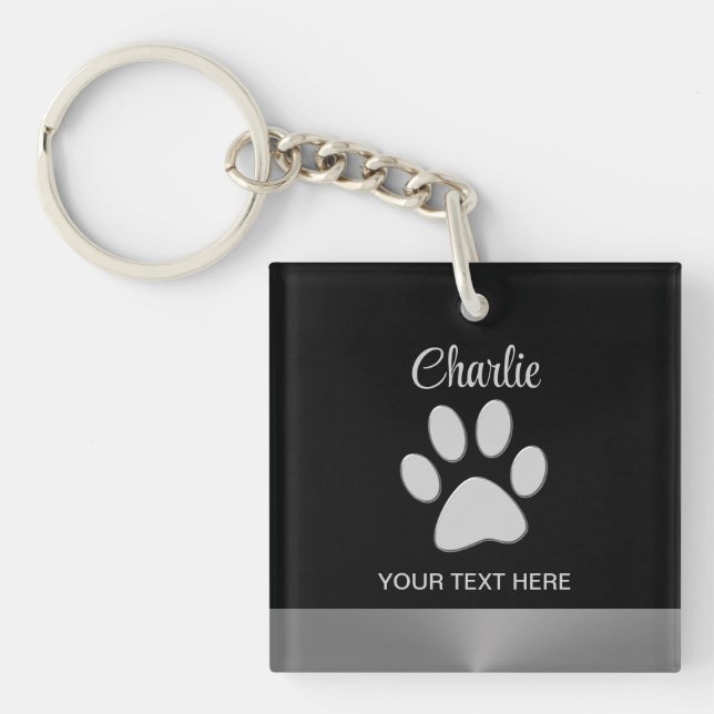  Silver Dog Paw on black background Keychain (Front)
