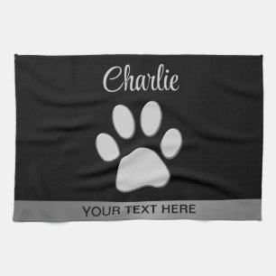 Silver Dog Paw on black background Kitchen Towel