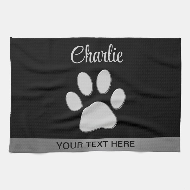  Silver Dog Paw on black background Kitchen Towel (Horizontal)