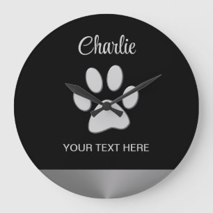 Silver Dog Paw on black background Large Clock