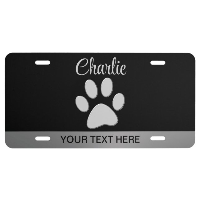  Silver Dog Paw on black background License Plate (Front)