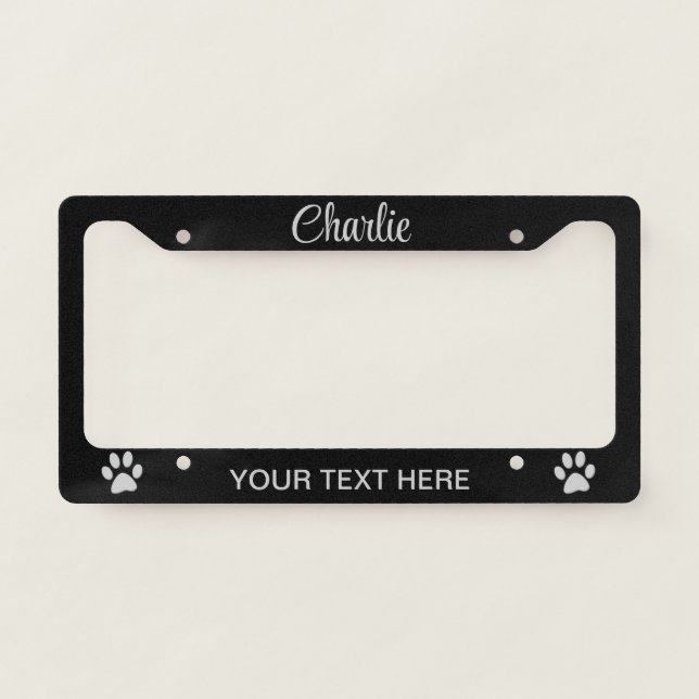  Silver Dog Paw on black background License Plate Frame (Front)