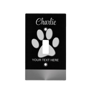 Silver Dog Paw on black background Light Switch Cover