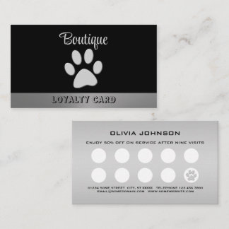 Silver Dog Paw on black background Loyalty Card