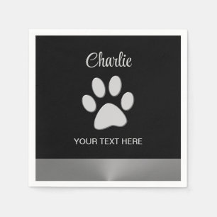 Silver Dog Paw on black background Napkins