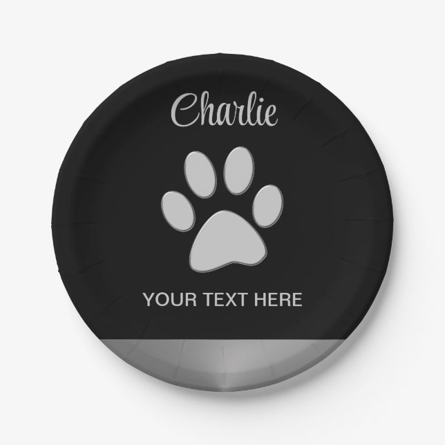  Silver Dog Paw on black background Paper Plates (Front)