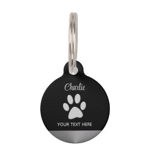 Silver Dog Paw on black background Pet ID Tag