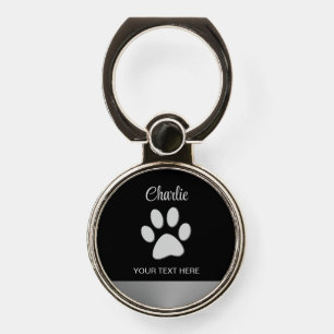 Silver Dog Paw on black background Phone Ring Stand