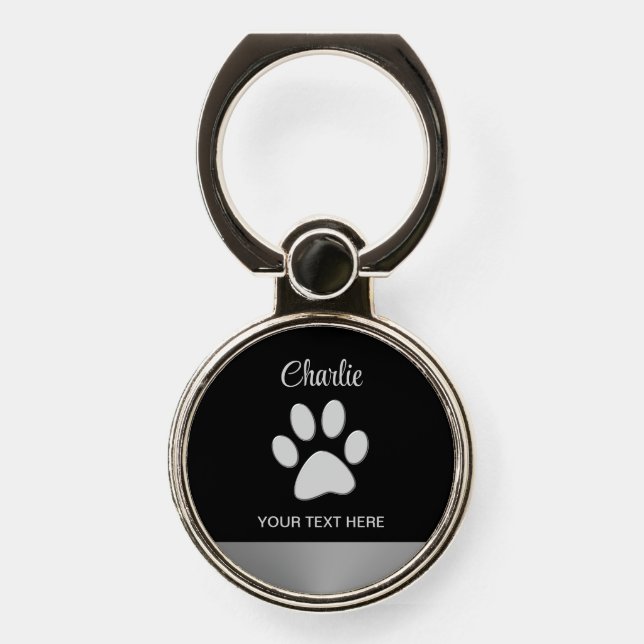  Silver Dog Paw on black background Phone Ring Stand (Front)