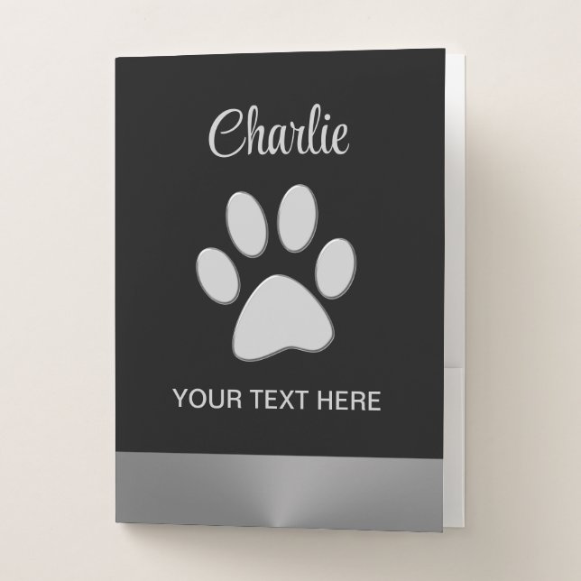  Silver Dog Paw on black background Pocket Folder (Front)