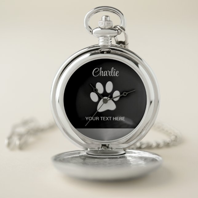  Silver Dog Paw on black background Pocket Watch (Inside)