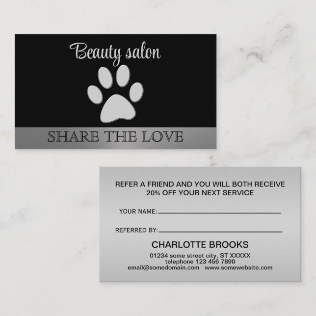  Silver Dog Paw on black background Referral Card (Front/Back)
