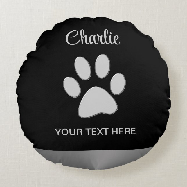  Silver Dog Paw on black background Round Pillow (Front)