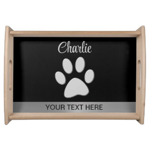  Silver Dog Paw on black background Serving Tray