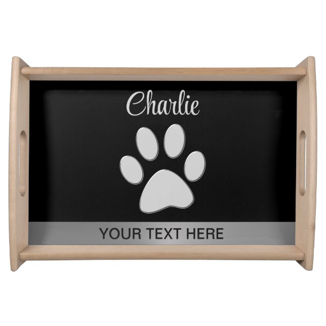  Silver Dog Paw on black background Serving Tray (Front)