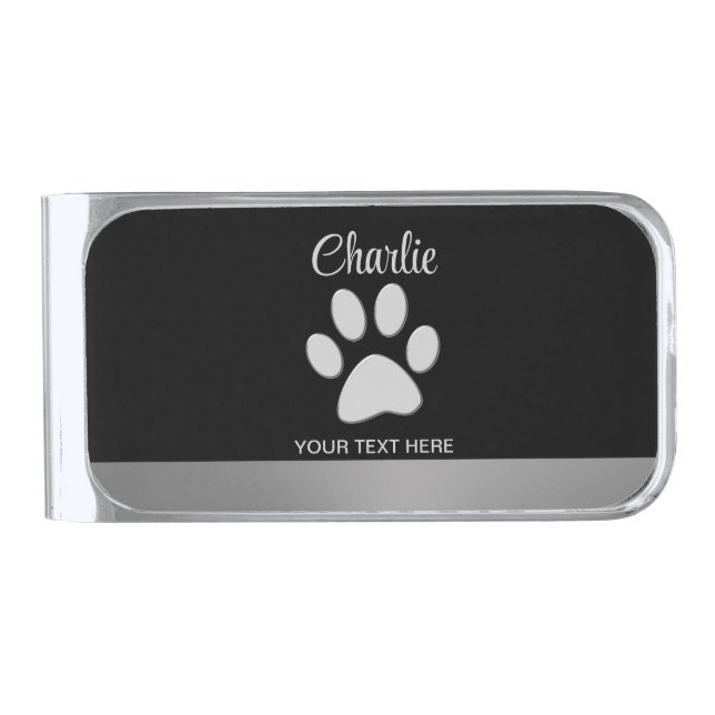  Silver Dog Paw on black background Silver Finish Money Clip (Front)