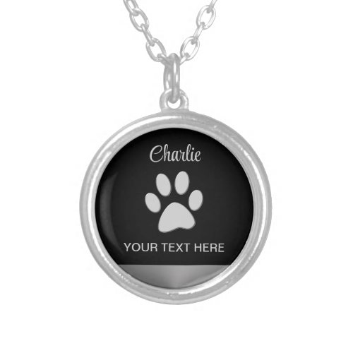  Silver Dog Paw on black background Silver Plated Necklace