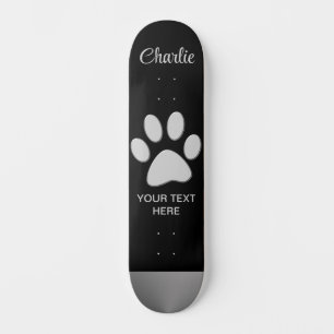 Silver Dog Paw on black background Skateboard