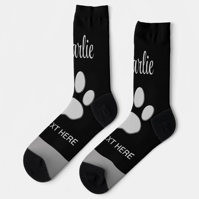  Silver Dog Paw on black background Socks (Left)