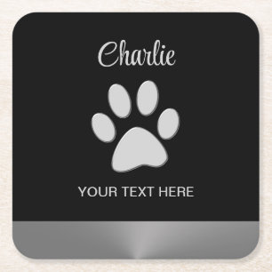 Silver Dog Paw on black background Square Paper Coaster