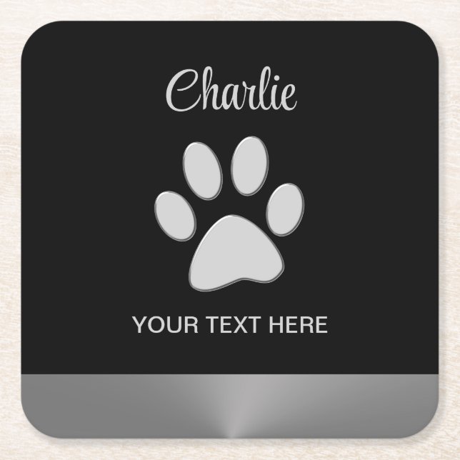  Silver Dog Paw on black background Square Paper Coaster (Front)