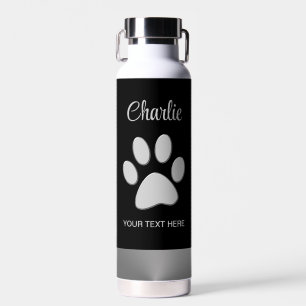  Silver Dog Paw on black background Water Bottle