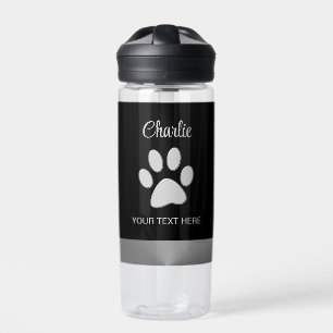  Silver Dog Paw on black background Water Bottle