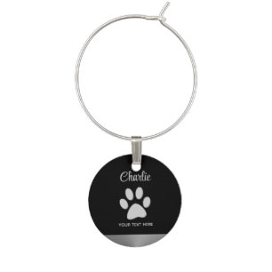 Silver Dog Paw on black background Wine Charm