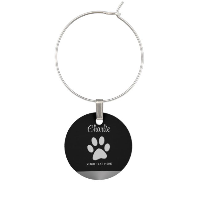  Silver Dog Paw on black background Wine Charm (Front)