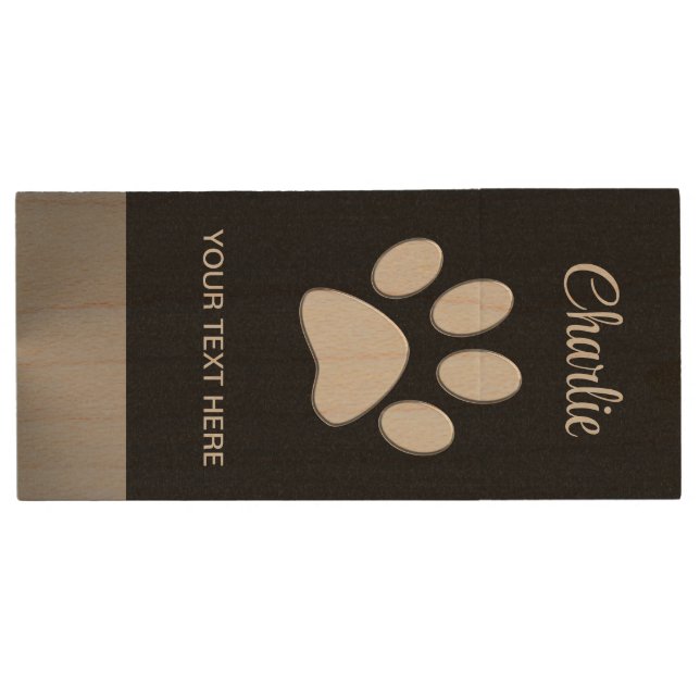  Silver Dog Paw on black background Wood Flash Drive (Front)