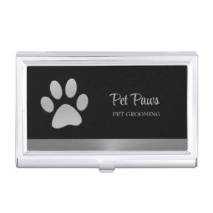 Silver Dog Paw on black Pet Grooming Service Business Card Case