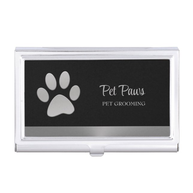 Silver Dog Paw on black Pet Grooming Service Business Card Case (Front)