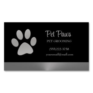 Silver Dog Paw on black Pet Grooming Service Business Card Magnet