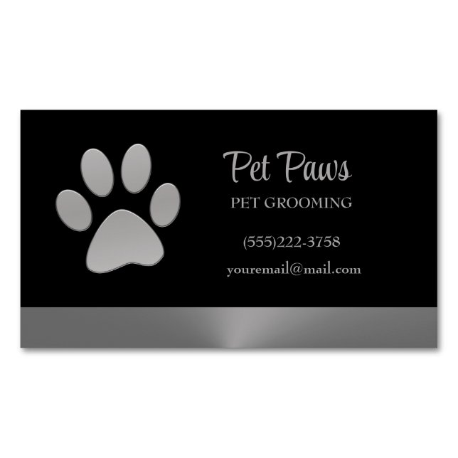 Silver Dog Paw on black Pet Grooming Service  Business Card Magnet (Front)
