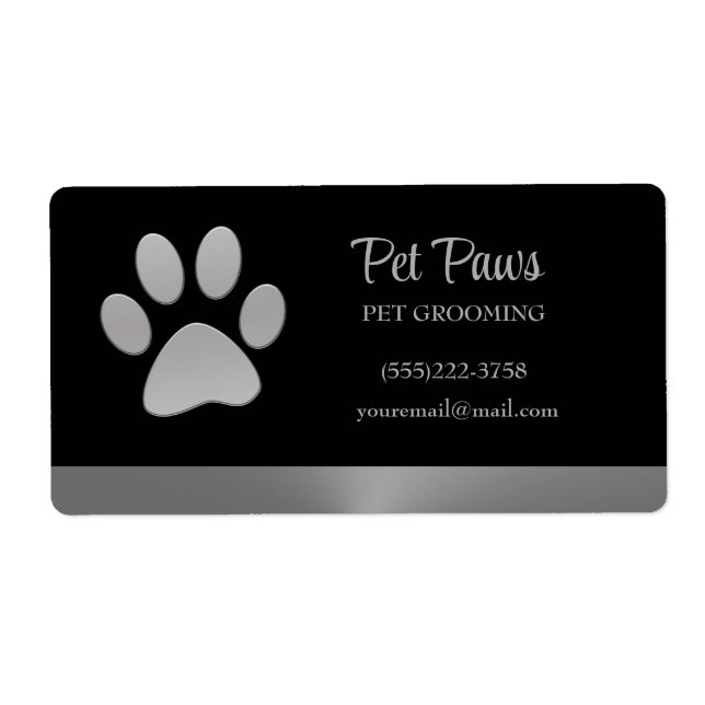 Silver Dog Paw on black Pet Grooming Service  Label (Front)