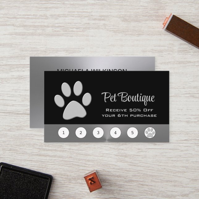 Silver Dog Paw on black Pet Grooming Service Loyalty Card (Front/Back In Situ)