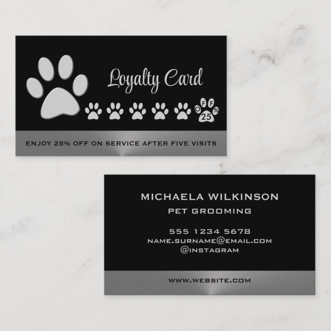 Silver Dog Paw on black Pet Grooming Service Loyalty Card (Front/Back)