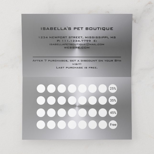 Silver Dog Paw on black Pet Grooming Service Loyalty Card (Inside Unfolded)