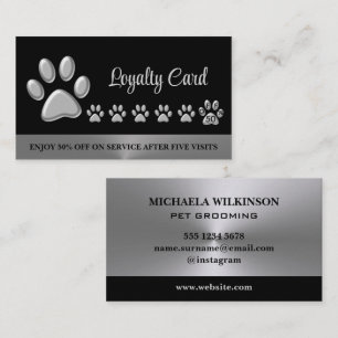 Silver Dog Paw on black Pet Grooming Service Loyalty Card